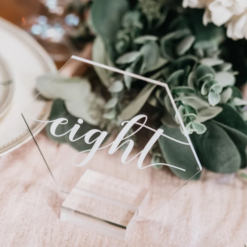 Hexagon Acrylic Table Number Signs With Stands,Perspex Modern Calligraphy,Plexiglass Table Numbers,Clear Glass Decor