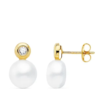 

18k gold earrings 13mm. Cultured Pearl Button 8mm. Chatón cubic zirconia close pressure girl