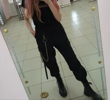 Pantalones Cargo informales para mujer, pantalón holgado de cintura alta, color negro, estilo coreano, con cinta, envío directo