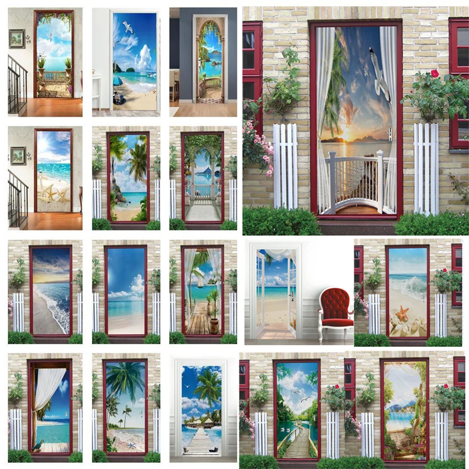 Natural Scenery 3D Sea View Door Sticker For Bedroom Bathroom Decoration Wall Poster Self Adhesive Removable Mural Decal | Дом и сад