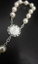 Perla de imitación de cuentas católica Rosario Católico comunión color plata alas colgantes del Crucifijo pulsera lindo regalo