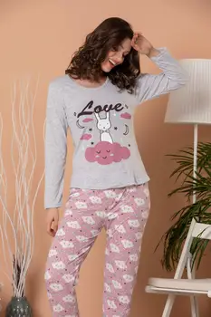 

STRAWBERRY Women 'S Gray Melange Printed Long Sleeve Pajamas Suit
