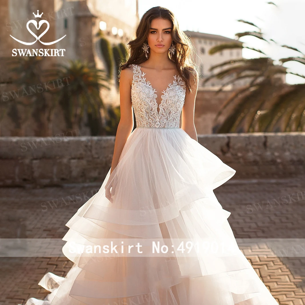 Романтическое свадебное платье с v-образным вырезом; юбка-лебедка; N147; сказочная аппликация; кружевное ТРАПЕЦИЕВИДНОЕ ПЛАТЬЕ С рюшами; фатиновое свадебное платье со шлейфом; vestido de noiva