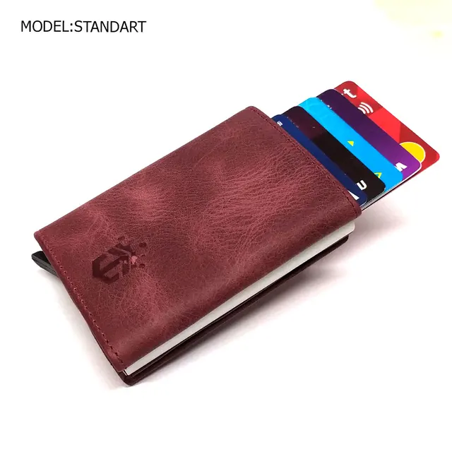 Smart Wallet Business Card Holder Real Cow Leather Handmade Smart Automatic Card Holder Men Gift Standart Burgundy