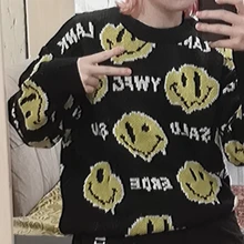 Suéter suelto que combina con todo para hombre, Jersey de punto con letras impresas de tendencia, sonrisa dibujada, Tops ajustados sueltos de otoño e invierno