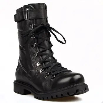 

FootCourt- Black Men's Boots Genuine Leather Slip Resistant Side Zip Access By Army Boots Lace Up Military Tactical Boots ETOR