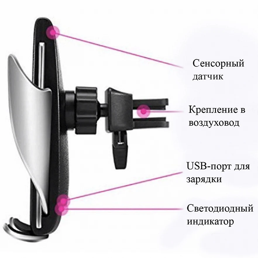 Автомобильный держатель с беспроводной зарядкой Qi SmartSensor S5 2 в 1 в воздуховод и на панель(Черный
