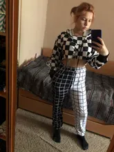 Streetwear Sweatshirt Chain Hoodie-Crop-Top-Jumper Stitching Plaid Women Pullover Short
