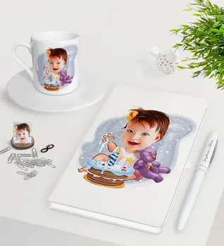 

Personalized Baby Birthday Caricature Of White Notebook Pen Turkish Coffee Cup Seti-2