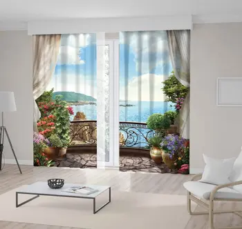 

Curtain Fluffy Clouds over Ocean Seaside Hill Forest Scenery from Balcony with Colorful Flowers Plants Green Blue Beige View