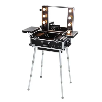 

MAYLAN Makeup Train Stand Case With Pro Studio Artist Trolley And Lights, Silver - Medium