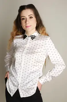 

Women Hidden Button Colar Cubic Zirconia Polka Dot Satin Shirt