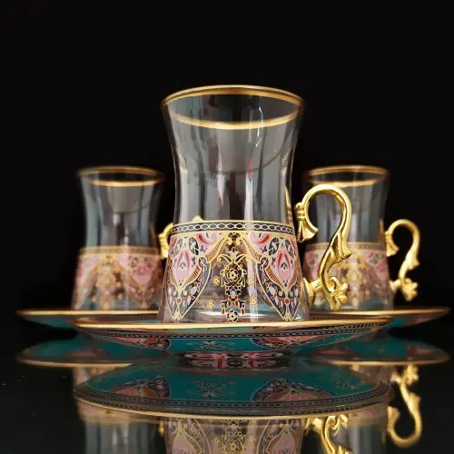 Style vintage LaModaHome Lot de 6 verres à thé turcs avec supports argentés et soucoupes Cadeau idéal Tasse à thé en verre Fait à la main