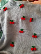 Suéter con cuello redondo para mujer, Jersey de punto bordado de cereza, informal, suelto, grueso, azul, para Navidad, Otoño e Invierno