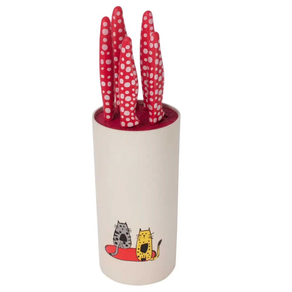 

Biggdesign 6 Piece Set Knife, Stainless Steel, PP Handle, Stand, Red Polka Dot, chef Knife, Bread Knife