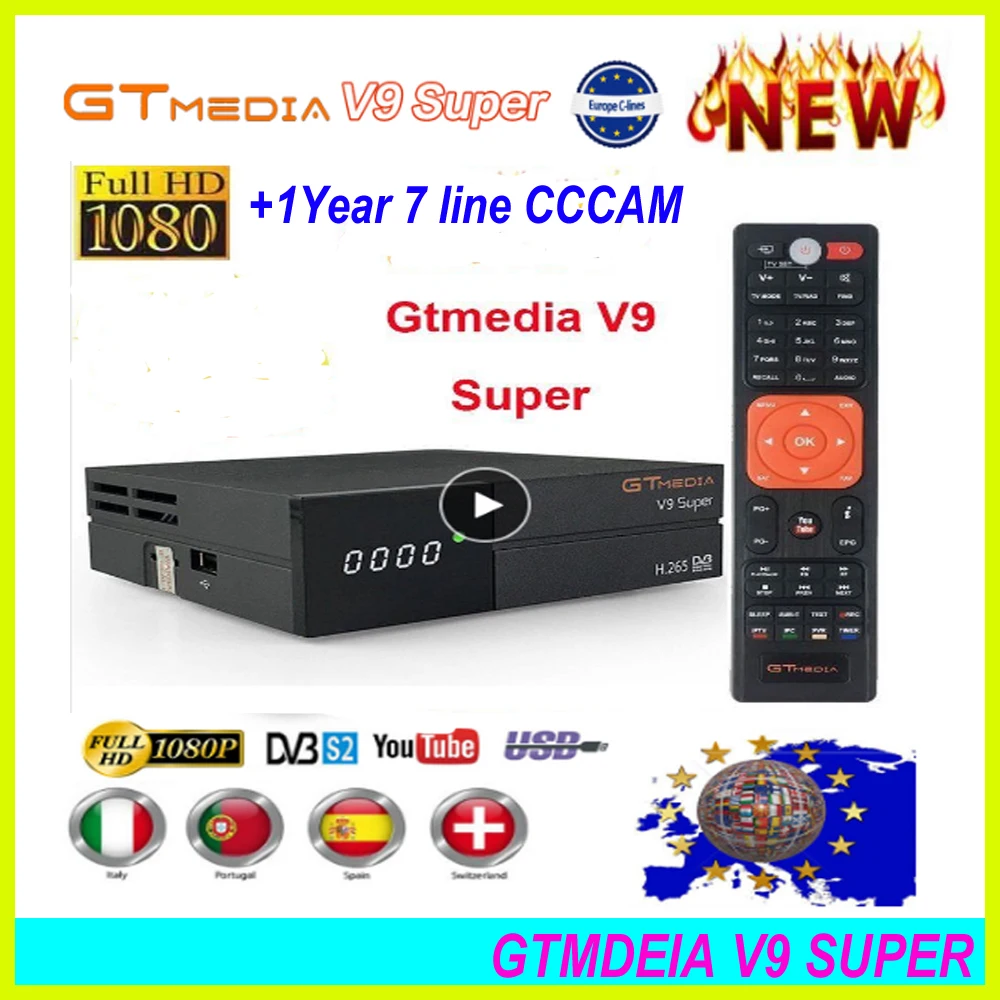 

New Hot GTmedia V9 Super Satellite Receiver Freesat V9 Super DVB-S2 Updated GTmedia V8 Nova with CCcam Cline for 1 Year Spain