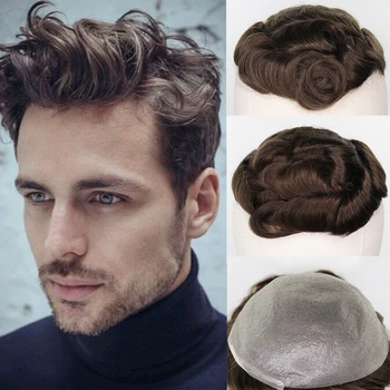 

YY Wigs Brown Color Men's Toupee Brazilian Remy Human Hair Replacement System 8x10 Thin PU Toupee for Men Wigs Hairpieces ASH7