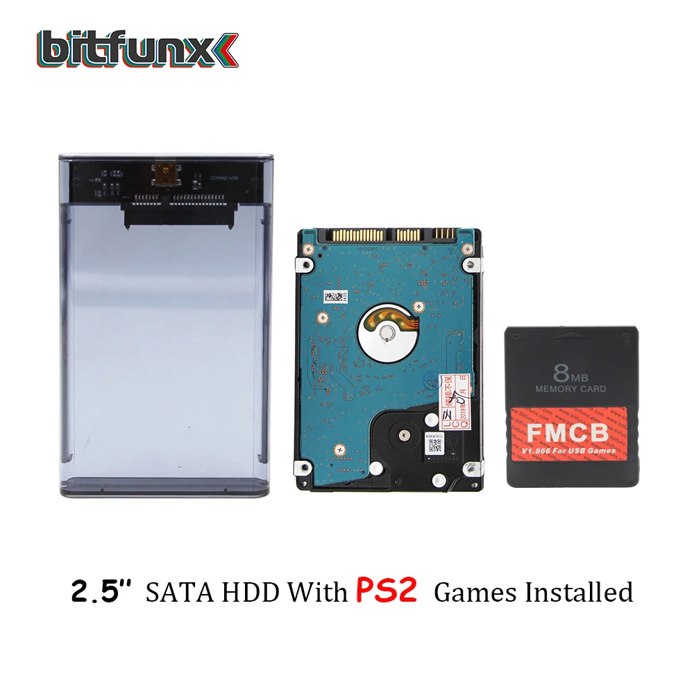  Tarjeta Bitfunx PS2 FMCB para juegos USB + Disco duro SATA de 25 ''con juegos PS2 en funda de disco
