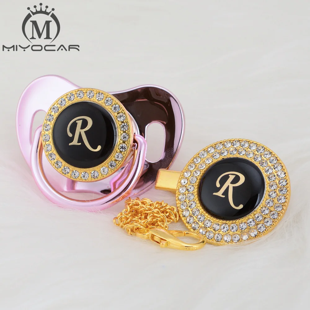 MIYOCAR name Initial letter R elegant silver bling pacifier and pacifier clip BPA free dummy bling unique design SGS pass LR images - 6