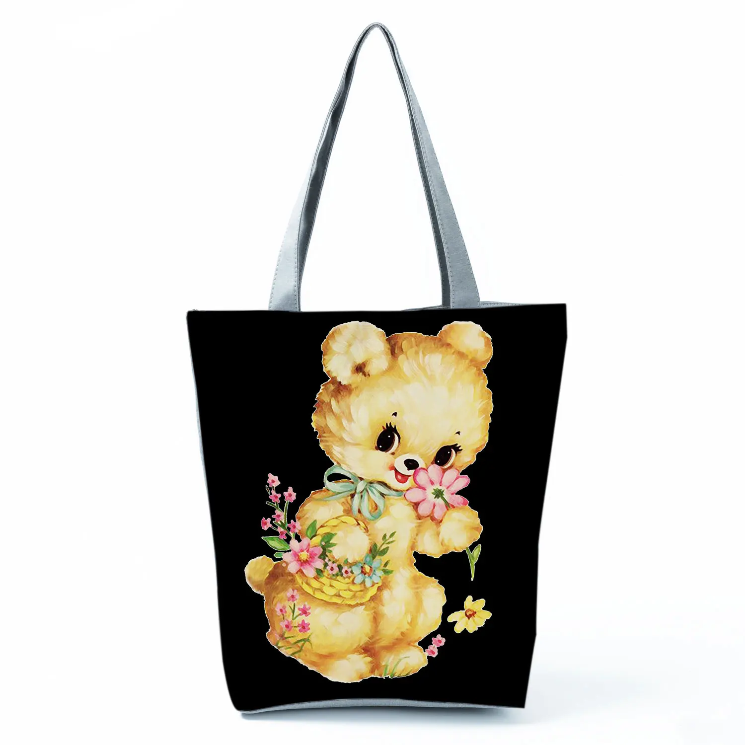 

Bear Floral Printed Handbag Cute Fashion High Capacity Foldable Outdoor Beach Shoulder Bag Reusable Shopping Bag Custom Pattern