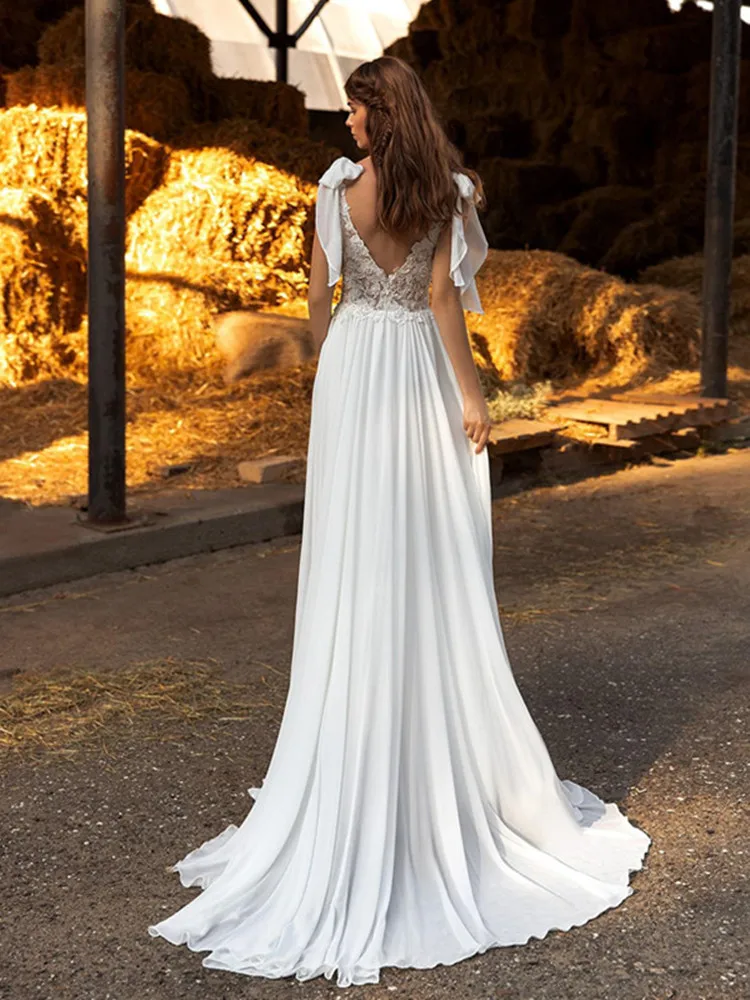 sexy wedding dresses White Slit Wedding Dress Chiffon For Women  A-Line Lace Appliqued Beach Bridal Gown V-Neck Simple Custom Made Robe De Mariee reception dress for bride