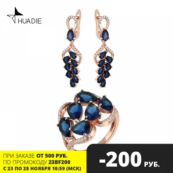 

HUADIE set of bijouterie for women. unusual long hanging female drop earrings and a ring with stones. zirconium. new trend 2020