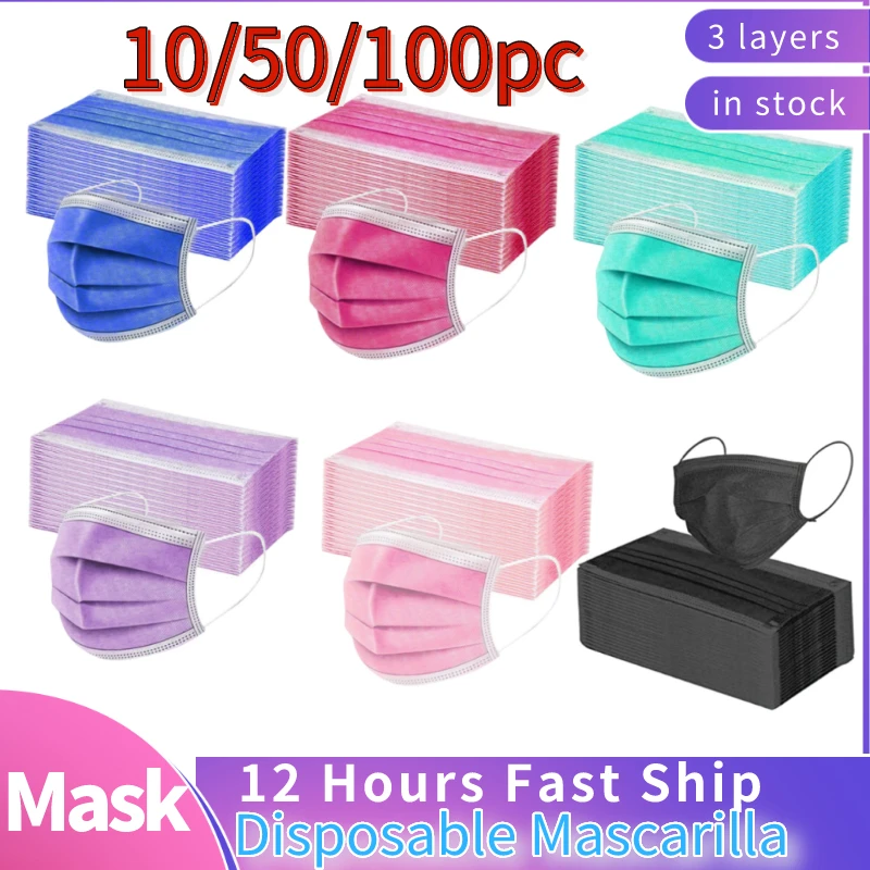 10/100pc adultos negro máscara mascarilla negra desechables 3Ply oído bucle no tejida transpirable para el diseño de la cara mondkapjes