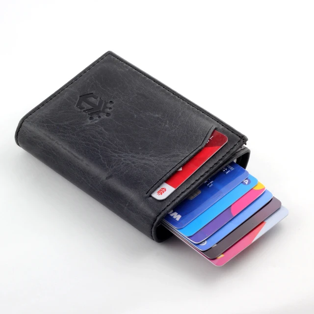 Smart Wallet Business Card Holder Real Cow Leather Handmade Smart Automatic Card Holder Men Gift Max credit card Dark Grey