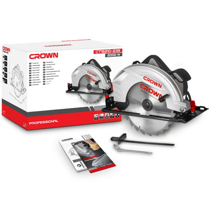 Пила циркулярная CROWN CT15210-235 (Мощность 2000Вт, скорость холостого хода 4500об/мин, наклон 45°)