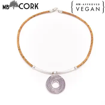 

Natural Cork made round pendant women necklace Vintage handmade original wooden jewelry N-209-1