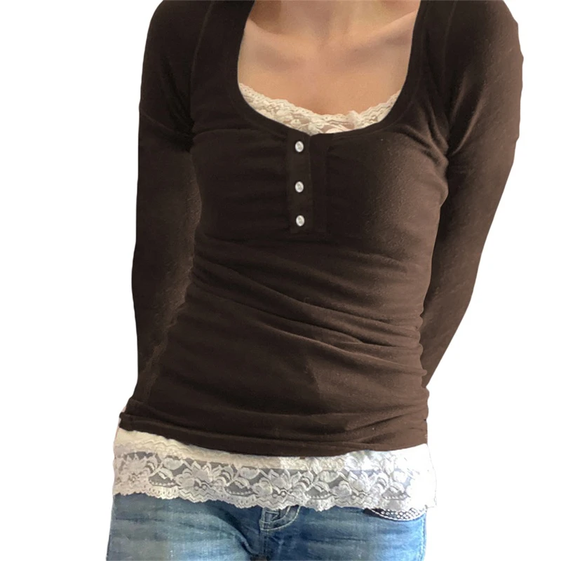 Korean Cute Y2K Retro Cotton Tops Lace Patchwork Buttons Kawaii Tshirts Autumn Square Collar Chic Casual Shirts