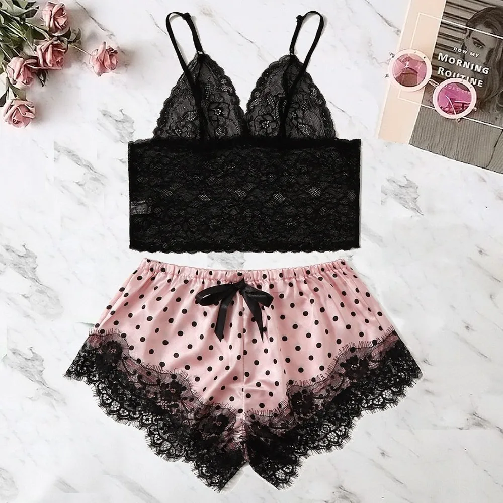 

LOOK FOR YOUR WONDERFUL NIGHTS WITH ITS STUNNING Women Satin Lace Silk Print Camisole Shorts Bow Set Pajamas Slee FREE SHIPPING