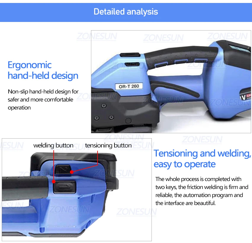 ZONESUN ОРТ-260 Швейцарский изготовленный на батарейках пластиковый крепежный инструмент ПП/ПЭТ обвязочная машина автоматический комбинированный обвязочный инструмент