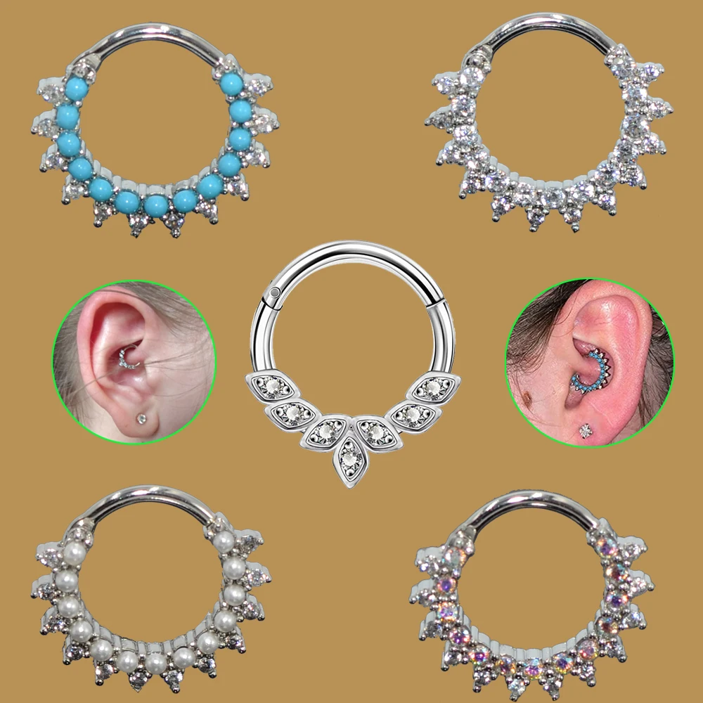 5PCS 16G 316L Stainless Steel Daith Earrings Hoop Cluster CZ Hinged
