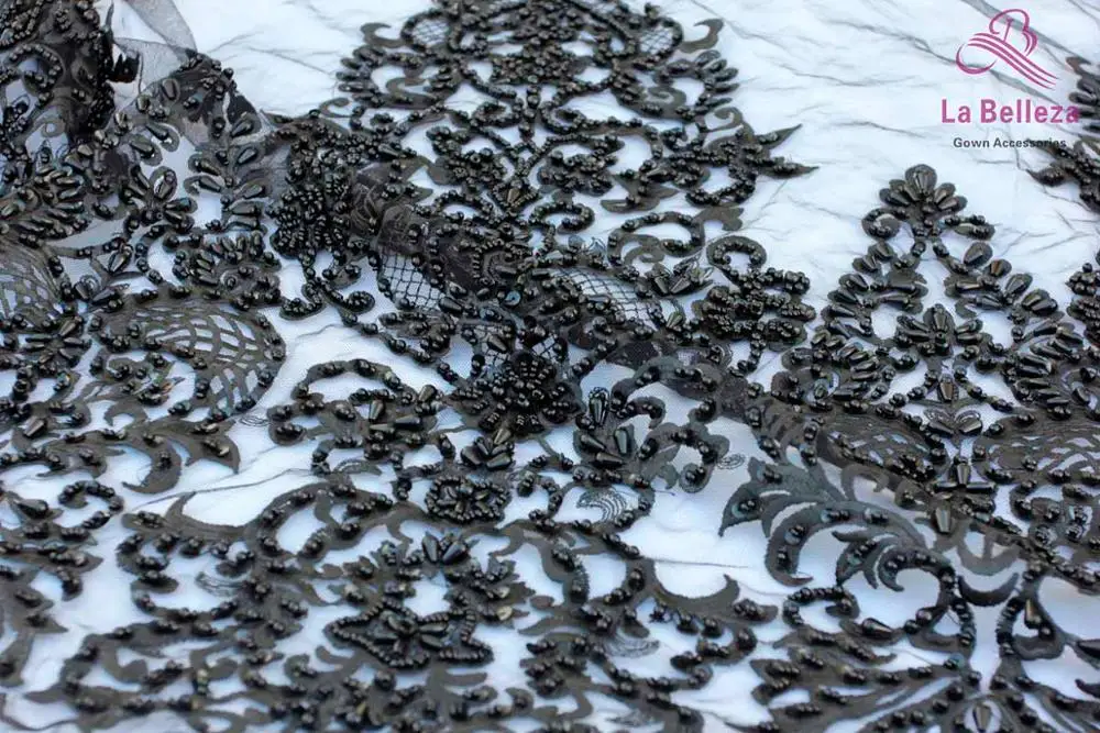 Black beaded La Belleza, новинка, 75 см ширина, белое, двустороннее, расшитое бисером, с блестками, кружевная отделка, великолепная кружевная отделка для свадебных аксессуаров, 1 ярд - Цвет: Black beaded
