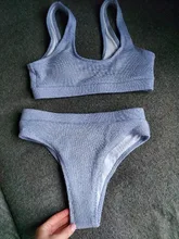 Bikini de punto para mujer, traje de baño Sexy de cintura alta, conjunto de Bikini sólido de dos piezas, ropa de playa 2020