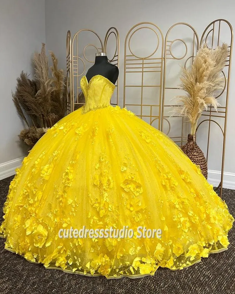 

vestido de debutante para 15 anos Yellow Quinceanera Dresses With 3D Floral Applique Beading Mexican Girls XV Pageant Gowns