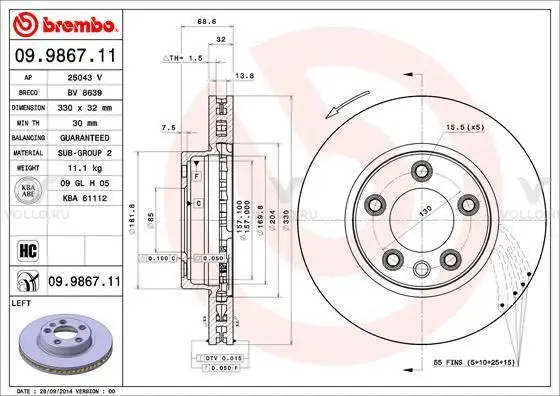 BREMBO Диск тормозной передн PORSCHE: CAYENNE 02-, VW: TOUAREG 02