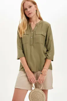 

DeFacto Woman Mid- Sleeve Pure Color Blouse Women Casual Pink Green Color Blouse Shirt Female Summer Loose Top Blouse