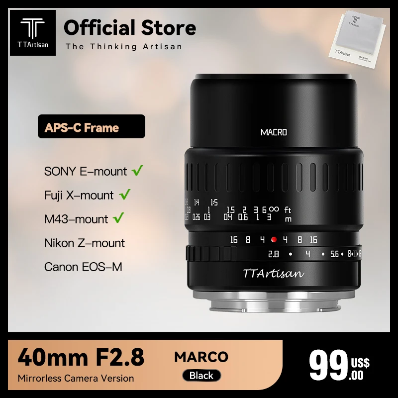 TTArtisan 40 мм F2.8 APS-C макро объектив Ручной фокус для SONY E FUJI X Canon M Panasonic Olympus M43 Nikon ZBlack |