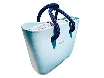 

Obag mini bag mounted with turquoise carrycot and rope handles navy blue