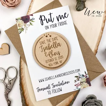 

Wooden round heart Save the date magnet with Burgundy cards, personalized wedding announcement Magnets, Rustic wood Invitation