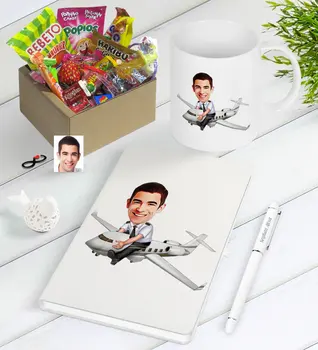 

Personalized Mr Captain Pilot Caricature Of Nostalgic Lezzetler Notebook Pen Mug Gift set