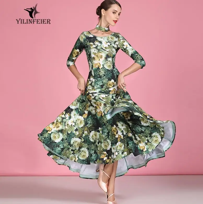 Бальное платье для девочек, бальное платье для женщин, платье для соревнований по вальсу, гладкое платье стандартного размера с цветочным принтом S9062 - Цвет: green