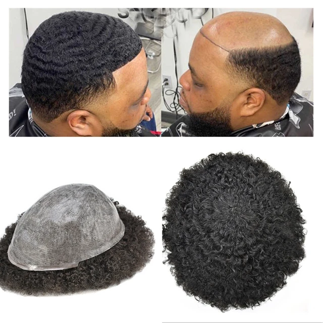 Perruque Afro pour Homme, Toupet 100% Cheveux Humains, Cheveux Indiens  Remy, Prothèse de la Peau, Système Capillaire, # 1B, #1, 6mm