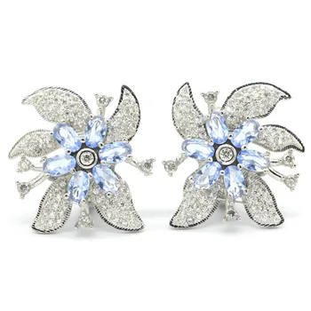 

22x22mm SheCrown Deluxe Flowers Created Violet Tanzanite CZ Woman's Wedding Silver Earrings