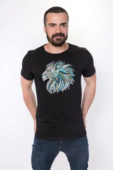 

Angemiel Wear Ethnic Pattern Lion Printed Cotton Black Male T-Shirt