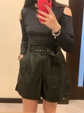 2020 Winter New Women Orange Color PU Bermuda Shorts Faux Leather Belted Shorts