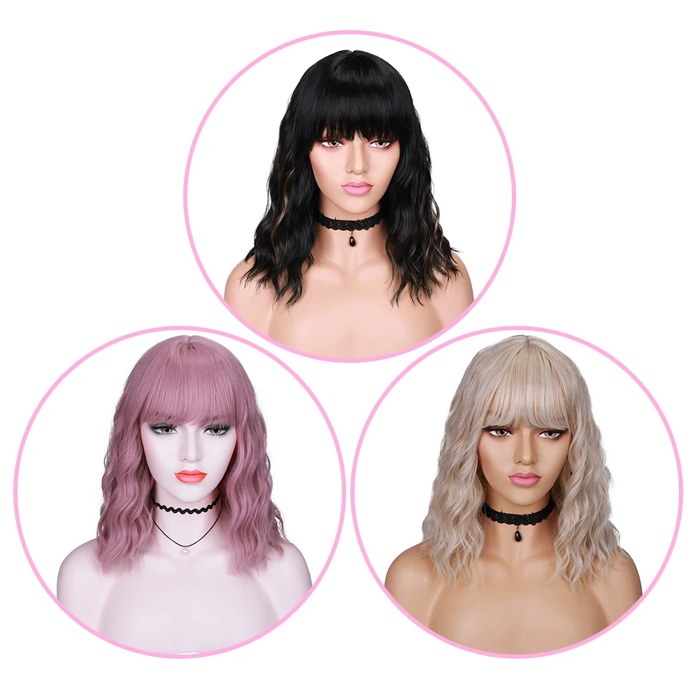 Wignee розовый/белый/черный короткий волнистый парик с челкой синтетические парики для женщин повседневные/вечерние/Косплей термостойкие натуральные волосы