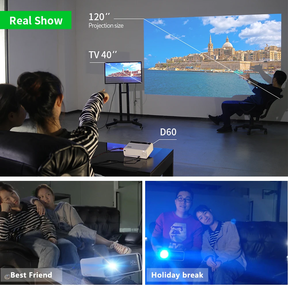 Мини проектор AUN D60 1280x720P поддержка Full HD 1080P для домашнего кинотеатра Android 10 0 Wi Fi ТВ